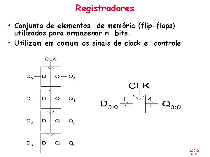 Registradores • Conjunto de elementos de memória (flip-flops) utilizados para armazenar n bits. •