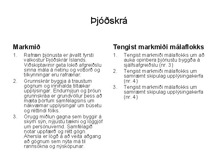 Þjóðskrá Markmið Tengist markmiði málaflokks 1. 2. 3. Rafræn þjónusta er ávallt fyrsti valkostur