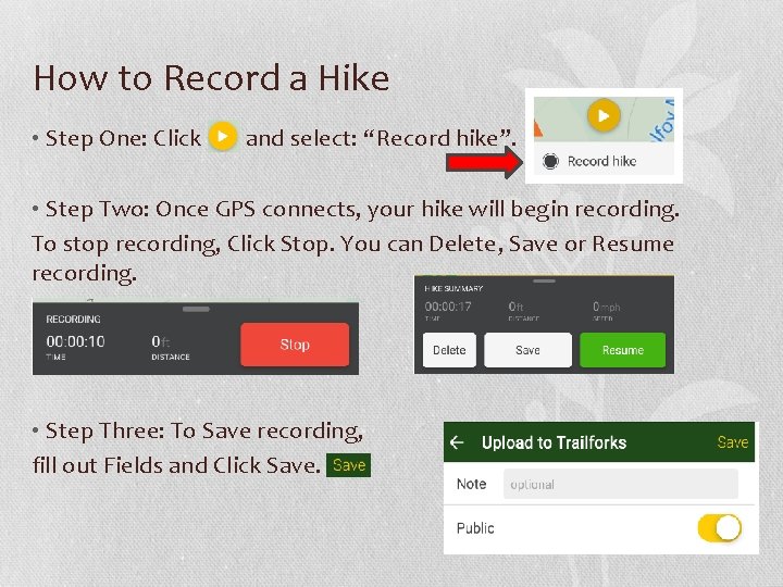How to Record a Hike • Step One: Click and select: “Record hike”. •