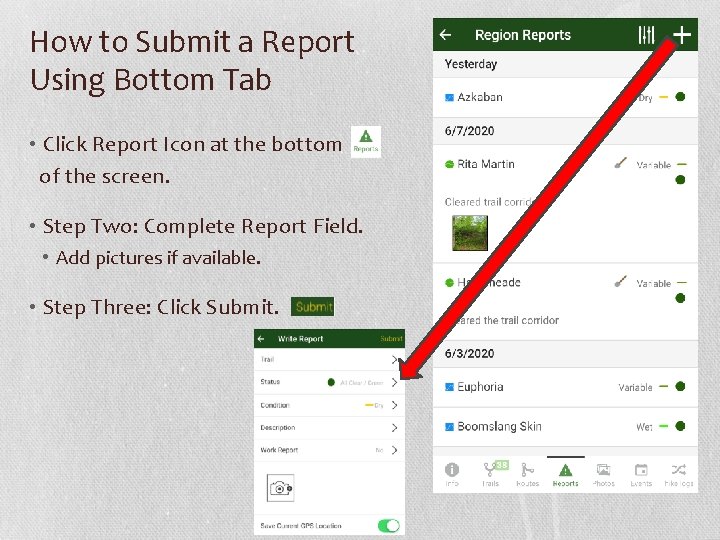 How to Submit a Report Using Bottom Tab • Click Report Icon at the