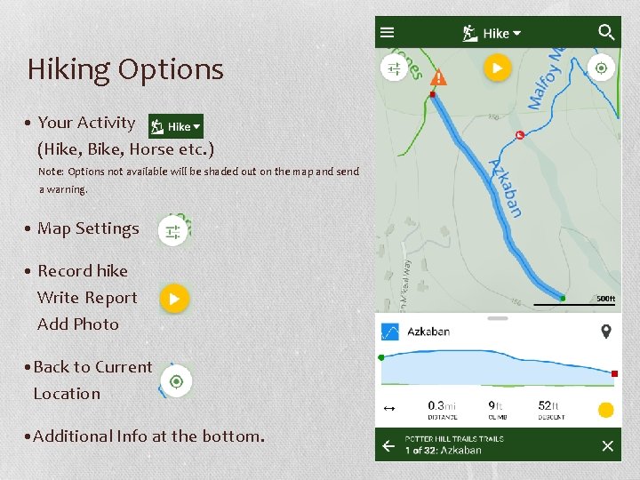 Hiking Options • Your Activity (Hike, Bike, Horse etc. ) Note: Options not available