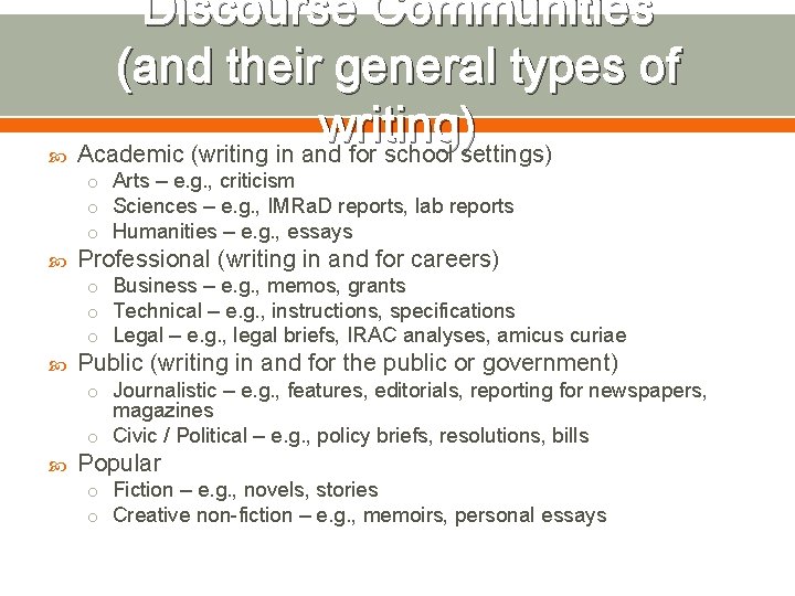  Discourse Communities (and their general types of writing) Academic (writing in and for