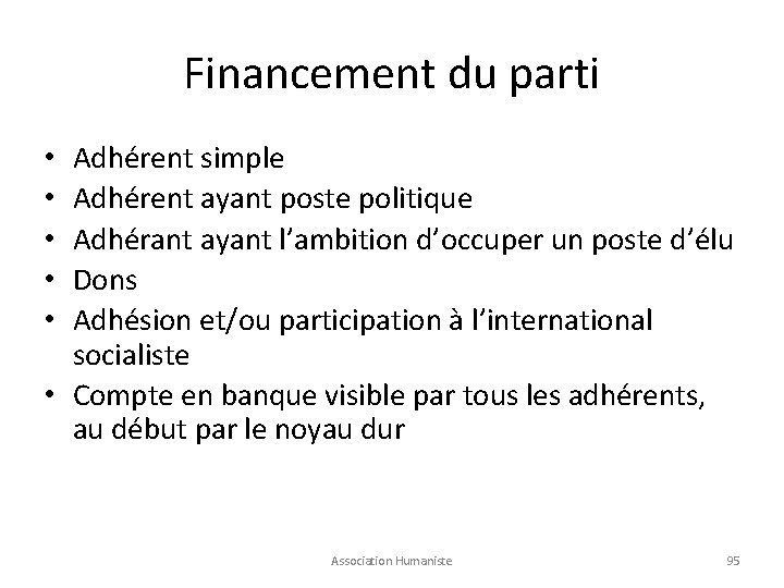 Financement du parti Adhérent simple Adhérent ayant poste politique Adhérant ayant l’ambition d’occuper un