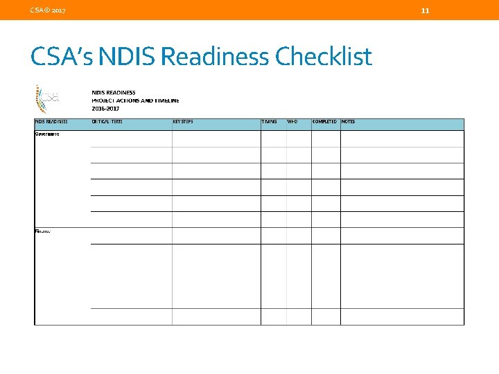 CSA© 2017 CSA’s NDIS Readiness Checklist 11 