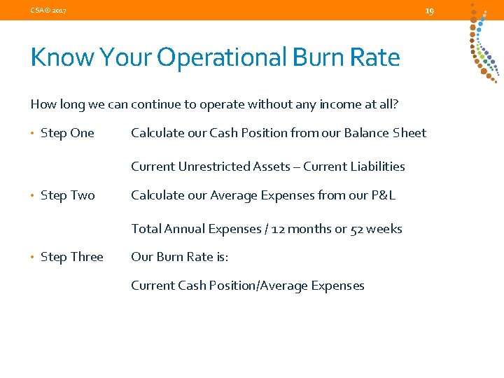 19 CSA© 2017 Know Your Operational Burn Rate How long we can continue to