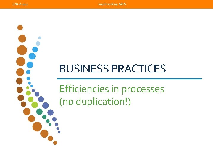 CSA© 2017 Implementing NDIS BUSINESS PRACTICES Efficiencies in processes (no duplication!) 