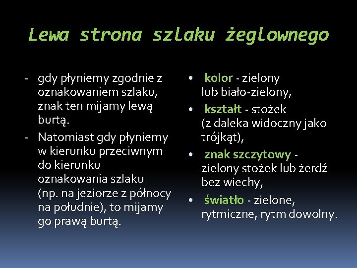 Lewa strona szlaku żeglownego - gdy płyniemy zgodnie z oznakowaniem szlaku, znak ten mijamy