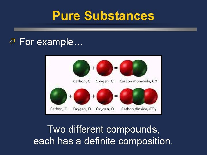 Pure Substances ö For example… Two different compounds, each has a definite composition. 