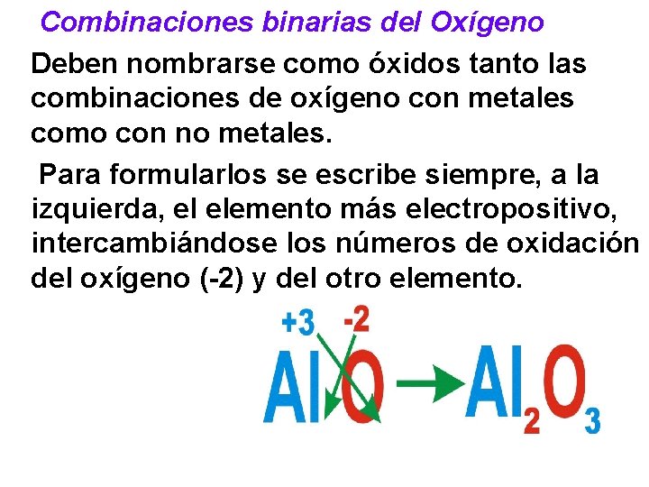 Combinaciones binarias del Oxígeno Deben nombrarse como óxidos tanto las combinaciones de oxígeno con