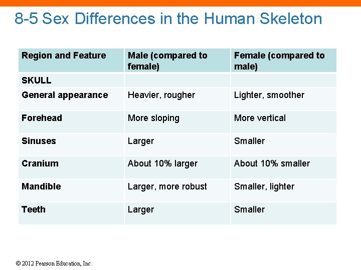 8 -5 Sex Differences in the Human Skeleton Region and Feature Male (compared to