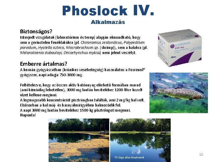 Phoslock IV. Alkalmazás Biztonságos? Kiterjedt vizsgálatok (laboratórium és terep) alapján elmondható, hogy sem a