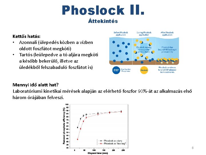 Phoslock II. Áttekintés Kettős hatás: • Azonnali (ülepedés közben a vízben oldott foszfátot megköti)