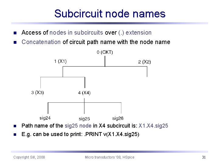 Subcircuit node names n Access of nodes in subcircuits over (. ) extension n