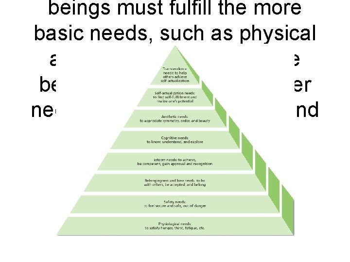 beings must fulfill the more basic needs, such as physical and security needs, before
