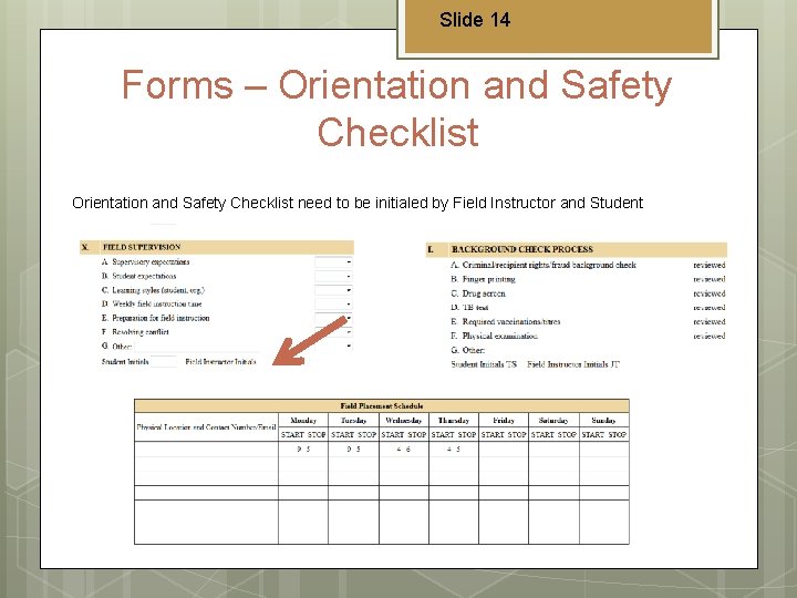 Slide 14 Forms – Orientation and Safety Checklist need to be initialed by Field