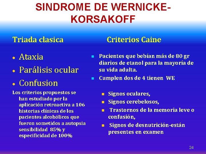 SINDROME DE WERNICKEKORSAKOFF Triada clasica · · · Ataxia Parálisis ocular Confusion Los criterios