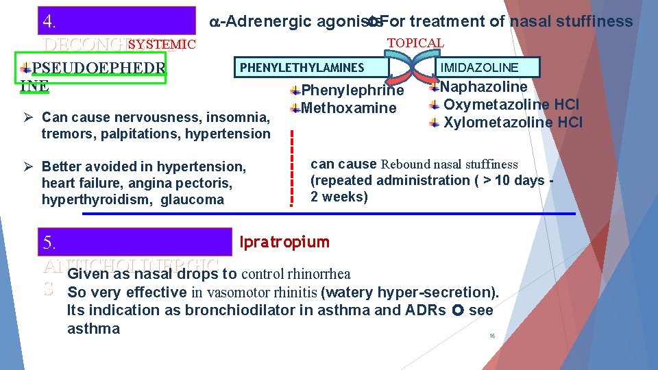  -Adrenergic agonists For treatment of nasal stuffiness 4. TOPICAL SYSTEMIC DECONGESTAN PHENYLETHYLAMINES IMIDAZOLINE