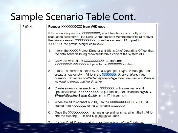 Sample Scenario Table Cont. 