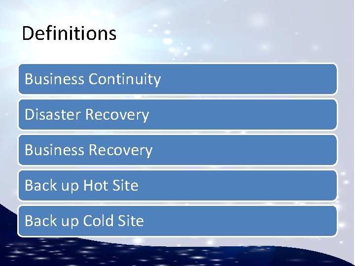 Definitions Business Continuity Disaster Recovery Business Recovery Back up Hot Site Back up Cold