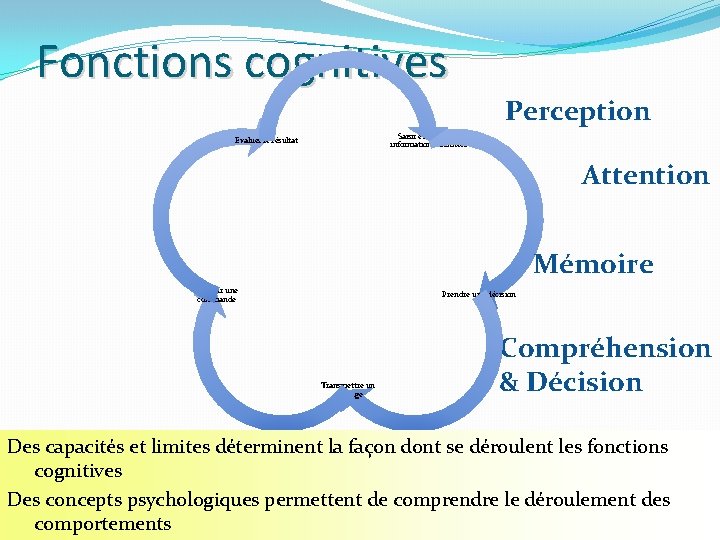 Fonctions cognitives Perception Saisir et traiter les informations/données Evaluer le résultat Attention Mémoire Agir