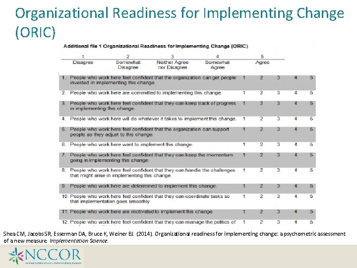 Organizational Readiness for Implementing Change (ORIC) Shea CM, Jacobs SR, Esserman DA, Bruce K,