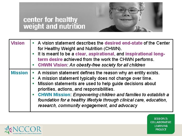 Vision § A vision statement describes the desired end-state of the Center for Healthy