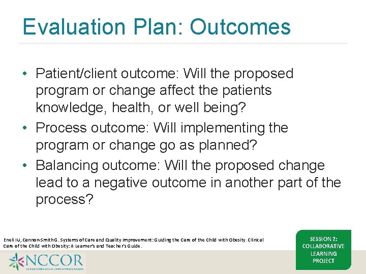 Evaluation Plan: Outcomes • Patient/client outcome: Will the proposed program or change affect the