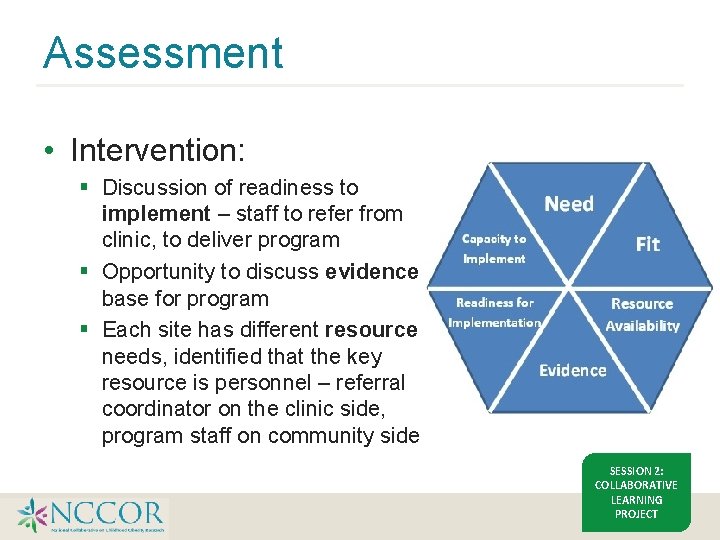 Assessment • Intervention: § Discussion of readiness to implement – staff to refer from