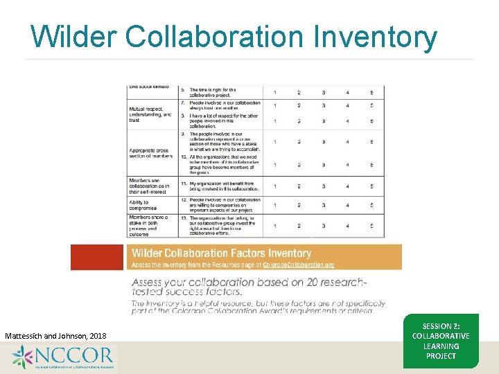 Wilder Collaboration Inventory Mattessich and Johnson, 2018 SESSION 2: COLLABORATIVE LEARNING PROJECT 