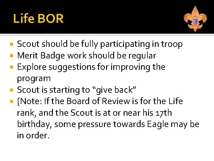 Scout should be fully participating in troop Merit Badge work should be regular Explore