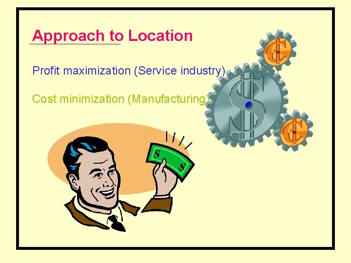 Approach to Location Profit maximization (Service industry) Cost minimization (Manufacturing) 