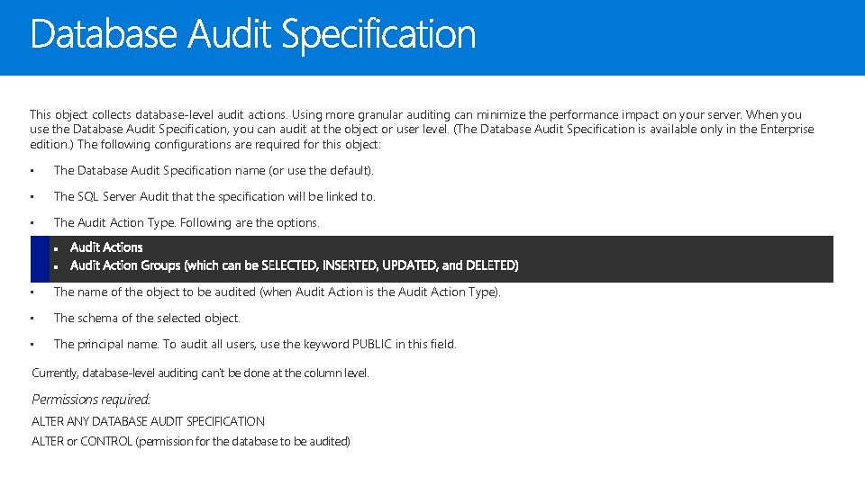 This object collects database-level audit actions. Using more granular auditing can minimize the performance