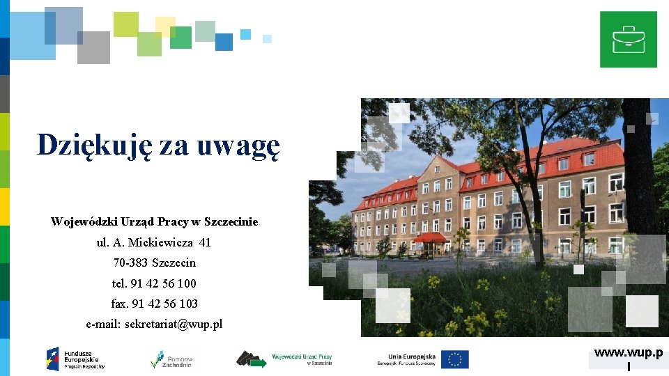 Dziękuję za uwagę Wojewódzki Urząd Pracy w Szczecinie ul. A. Mickiewicza 41 70 -383