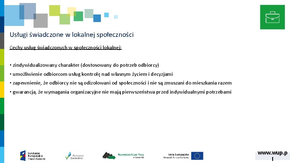 Usługi świadczone w lokalnej społeczności Cechy usług świadczonych w społeczności lokalnej: • zindywidualizowany charakter