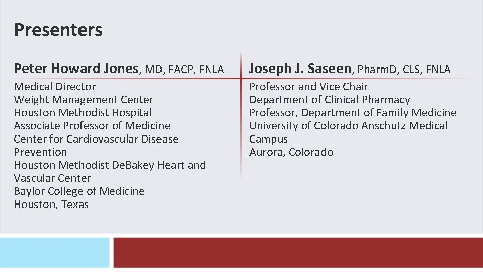 Presenters Peter Howard Jones, MD, FACP, FNLA Joseph J. Saseen, Pharm. D, CLS, FNLA Presenters Peter Howard Jones, MD, FACP, FNLA Joseph J. Saseen, Pharm. D, CLS, FNLA