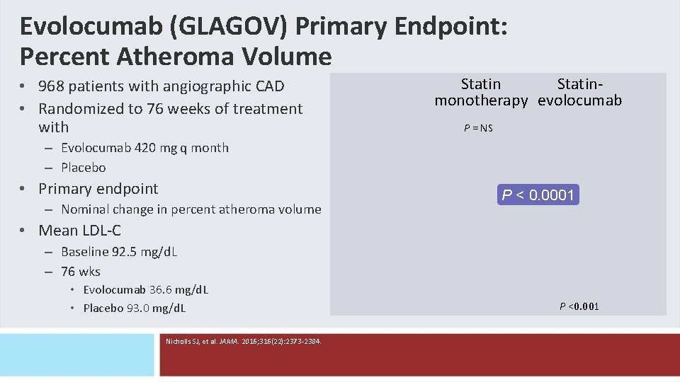 Evolocumab (GLAGOV) Primary Endpoint: Percent Atheroma Volume • 968 patients with angiographic CAD • Evolocumab (GLAGOV) Primary Endpoint: Percent Atheroma Volume • 968 patients with angiographic CAD •