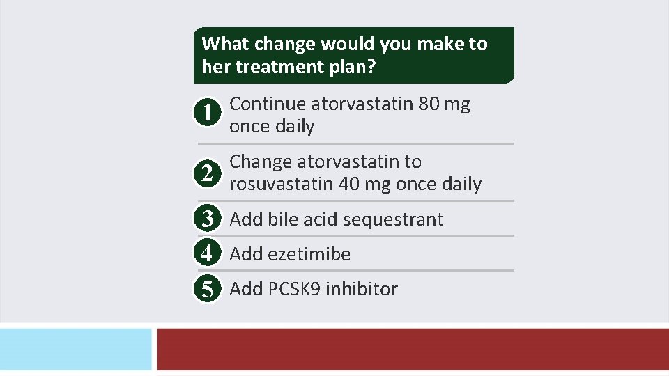 What change would you make to her treatment plan? 1 Continue atorvastatin 80 mg What change would you make to her treatment plan? 1 Continue atorvastatin 80 mg