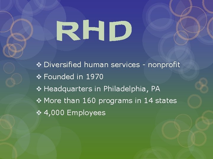 v Diversified human services - nonprofit v Founded in 1970 v Headquarters in Philadelphia,