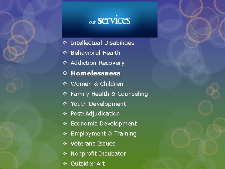 v Intellectual Disabilities v Behavioral Health v Addiction Recovery v Homelessness v Women &