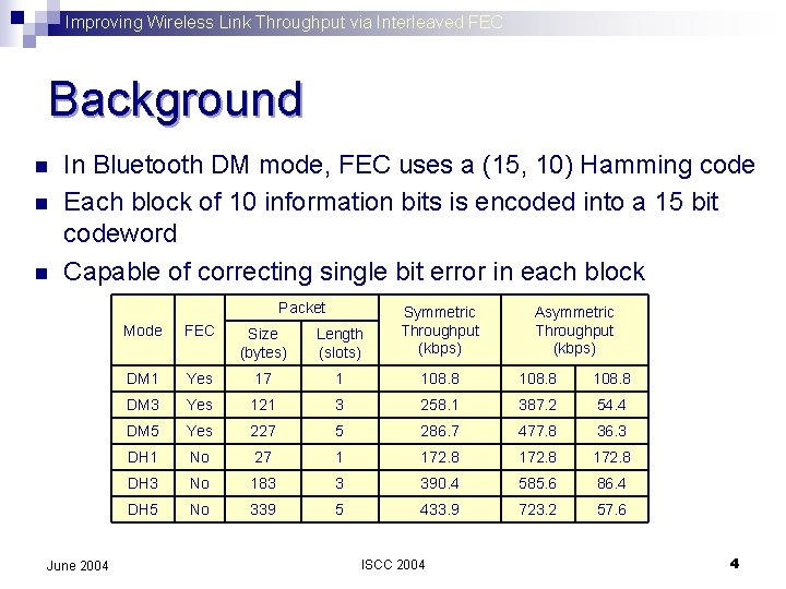 Improving Wireless Link Throughput via Interleaved FEC Background n n n In Bluetooth DM