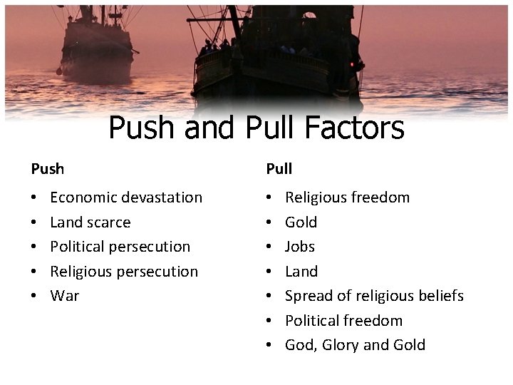 Push and Pull Factors Push • • • Economic devastation Land scarce Political persecution