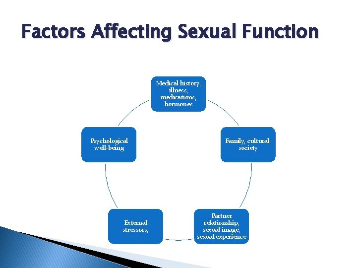 Factors Affecting Sexual Function Medical history, illness, medications, hormones Psychological well-being External stressors, Family,