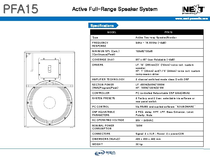 PFA 15 Active Full-Range Speaker System www. next-proaudio. com Specifications MODEL PFA 15 Type