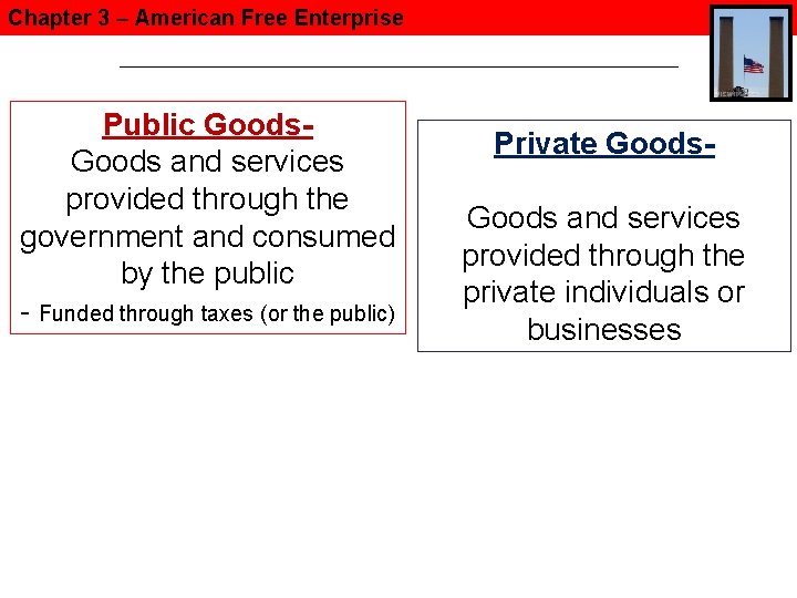 Chapter 3 – American Free Enterprise Public Goods and services provided through the government