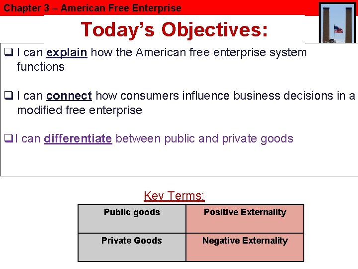 Chapter 3 – American Free Enterprise Today’s Objectives: q I can explain how the