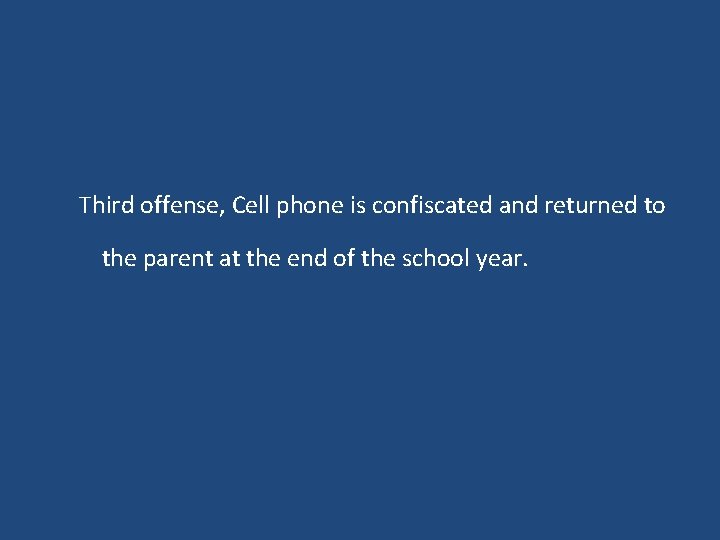 Third offense, Cell phone is confiscated and returned to the parent at the end Third offense, Cell phone is confiscated and returned to the parent at the end