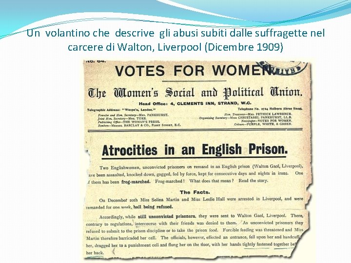 Un volantino che descrive gli abusi subiti dalle suffragette nel carcere di Walton, Liverpool