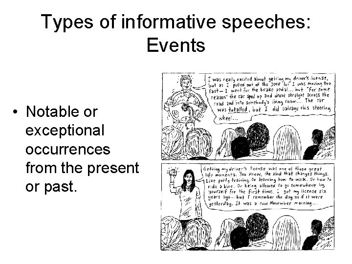 Types of informative speeches: Events • Notable or exceptional occurrences from the present or