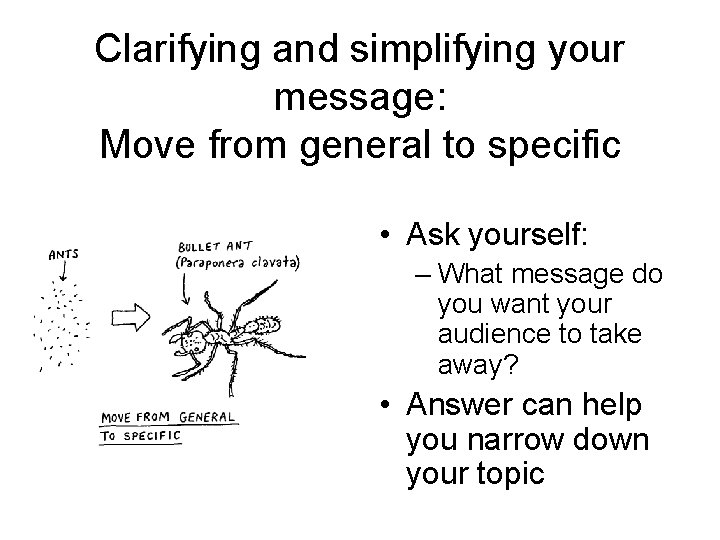 Clarifying and simplifying your message: Move from general to specific • Ask yourself: –