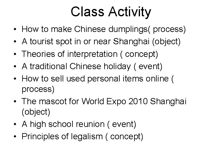 Class Activity • • • How to make Chinese dumplings( process) A tourist spot